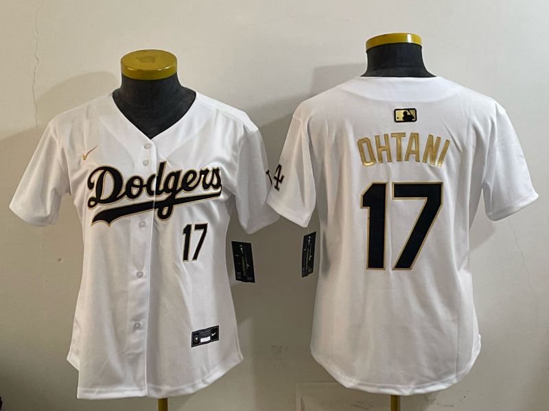 Women Nike 2026 Los Angeles Dodgers #17 Ohtani White Gold Game MLB Jersey 061->women mlb jersey->Women Jersey